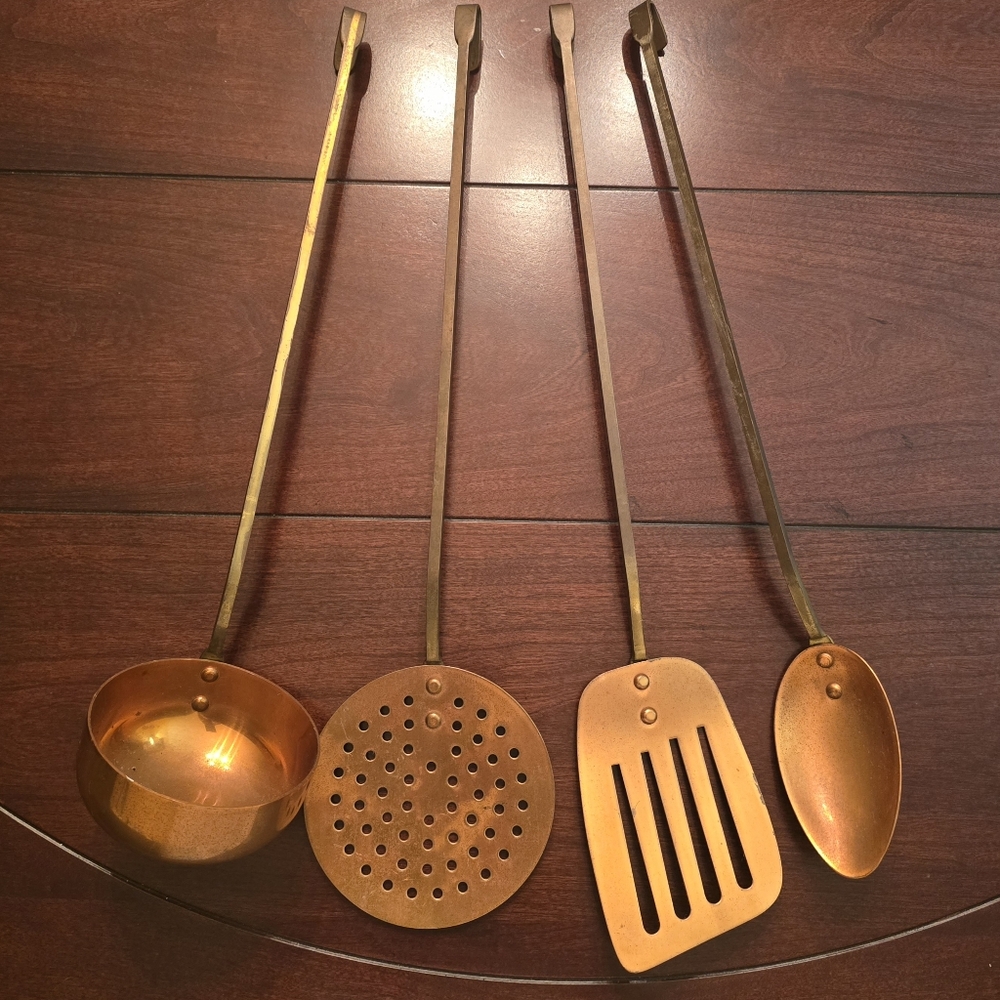Vintage Korean Copper Utensil Set With Brass Hanging Handles